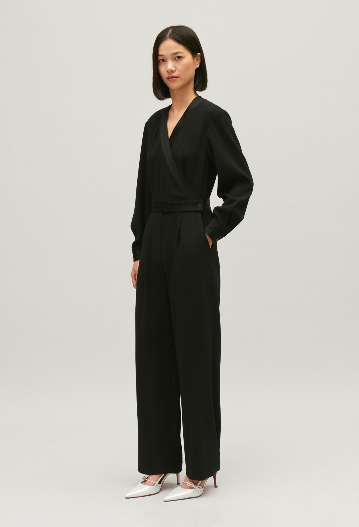 ASOS LUXE asymmetric one sleeve diamante cut out jumpsuit in black | ASOS