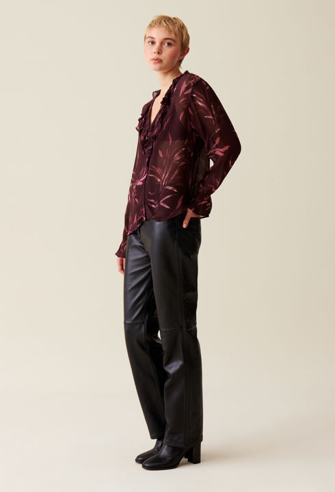Printed long-sleeved flowing blouse