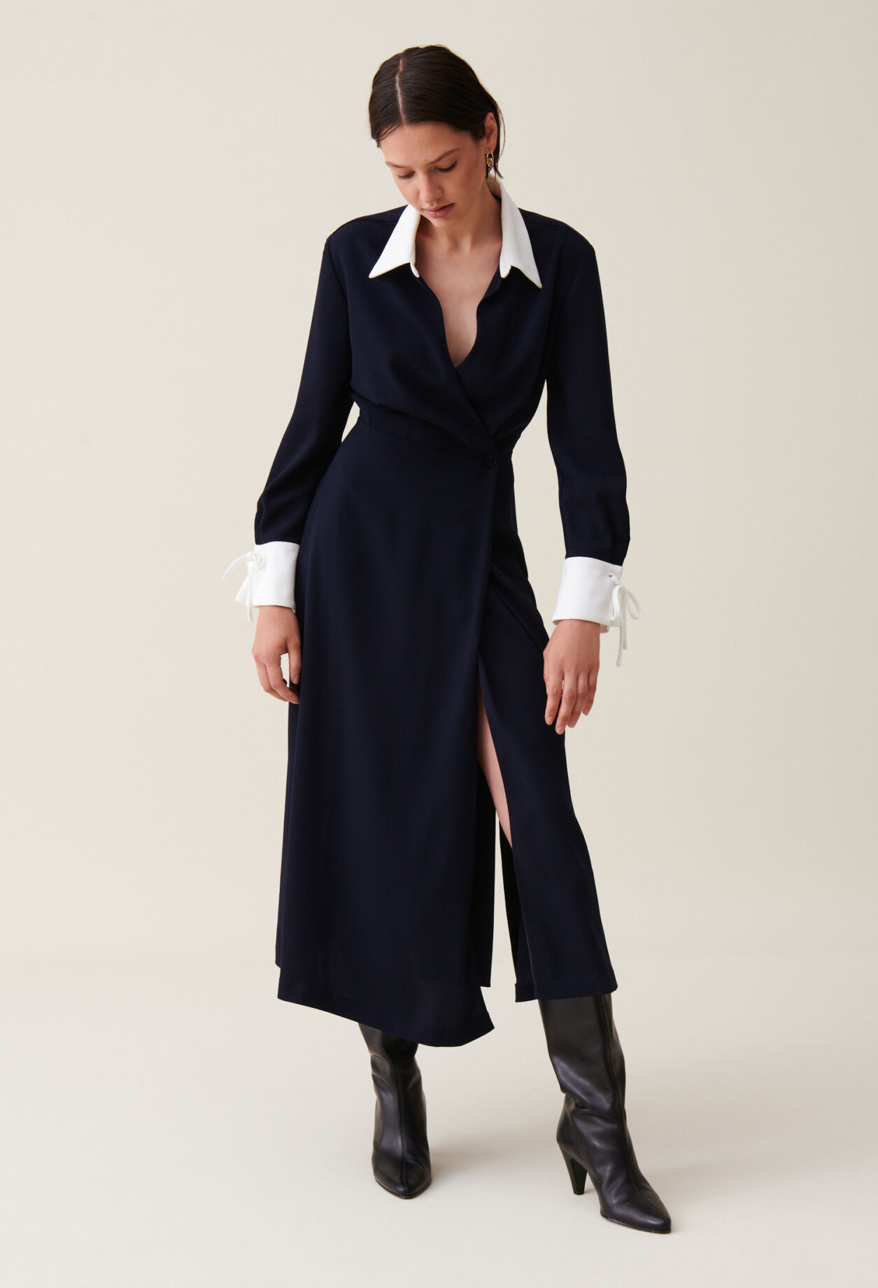 Navy wrap fluid maxi dress