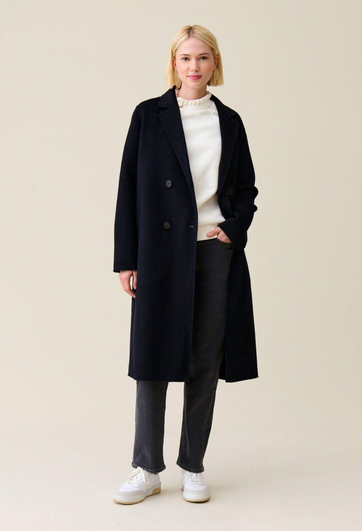Long navy wool coat top