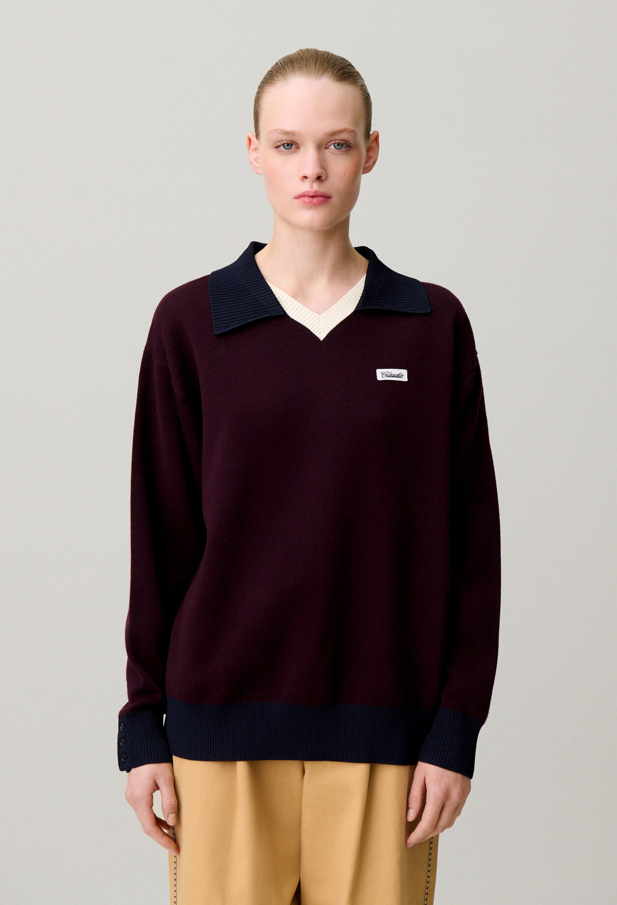 Contrast double collar knit jumper