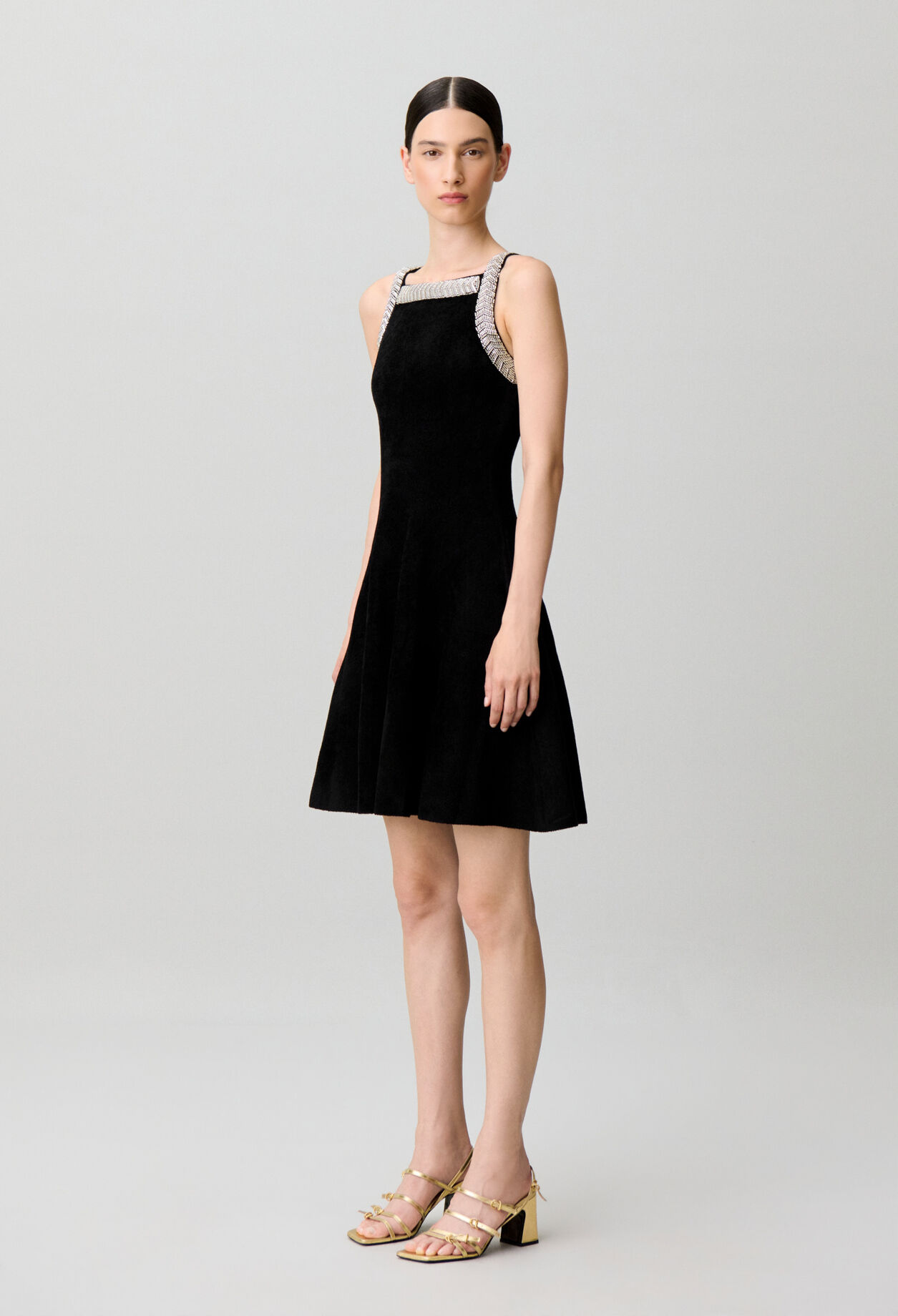 Flared beaded velvet knit dress
