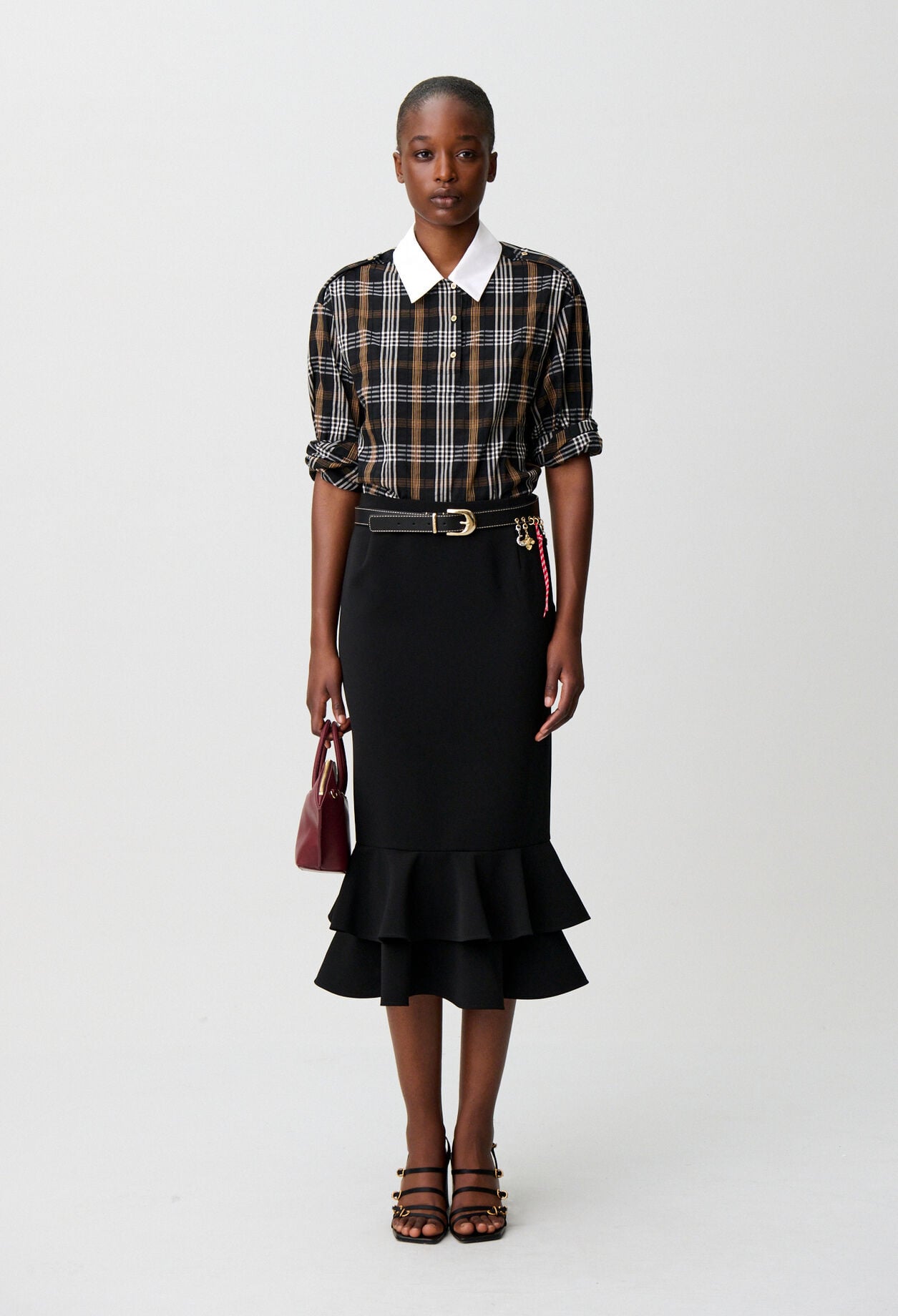 Flared ruffled midi skirt