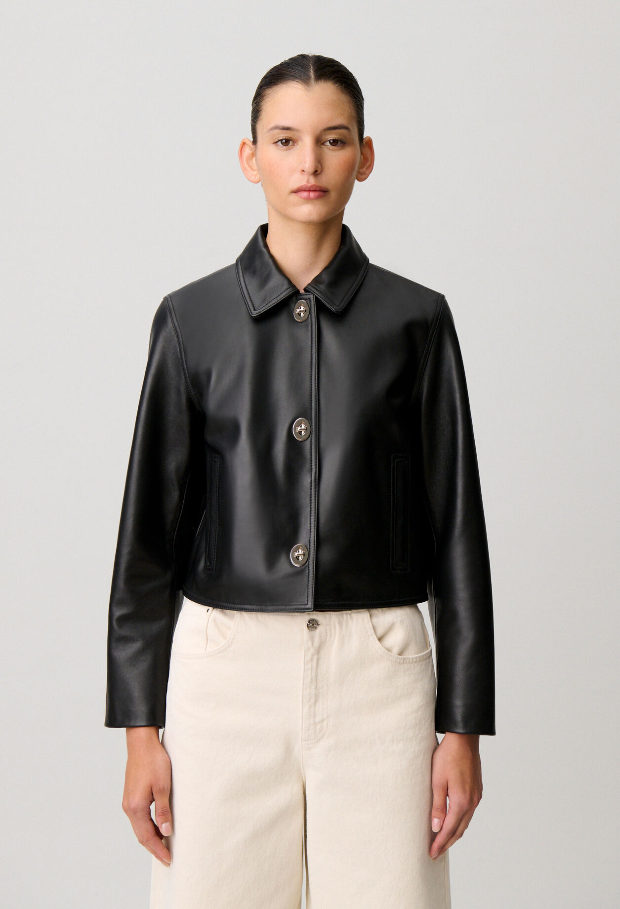 Short black leather jacket