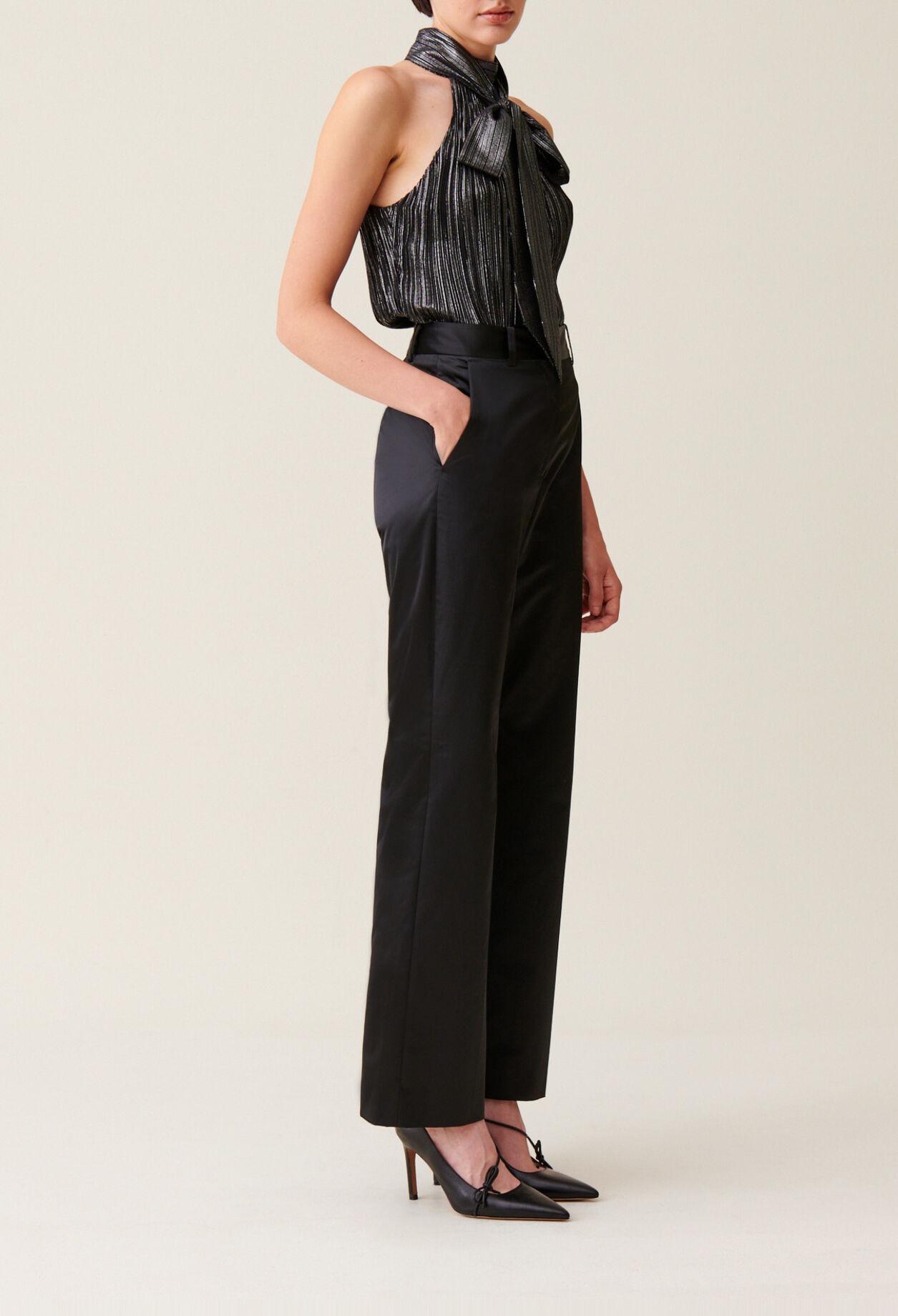 Black slim satin trousers