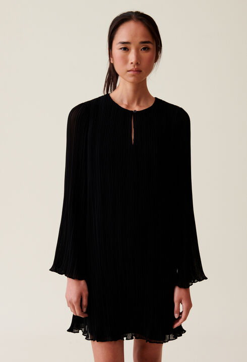 Pleated Short Dress, Long Sleeves