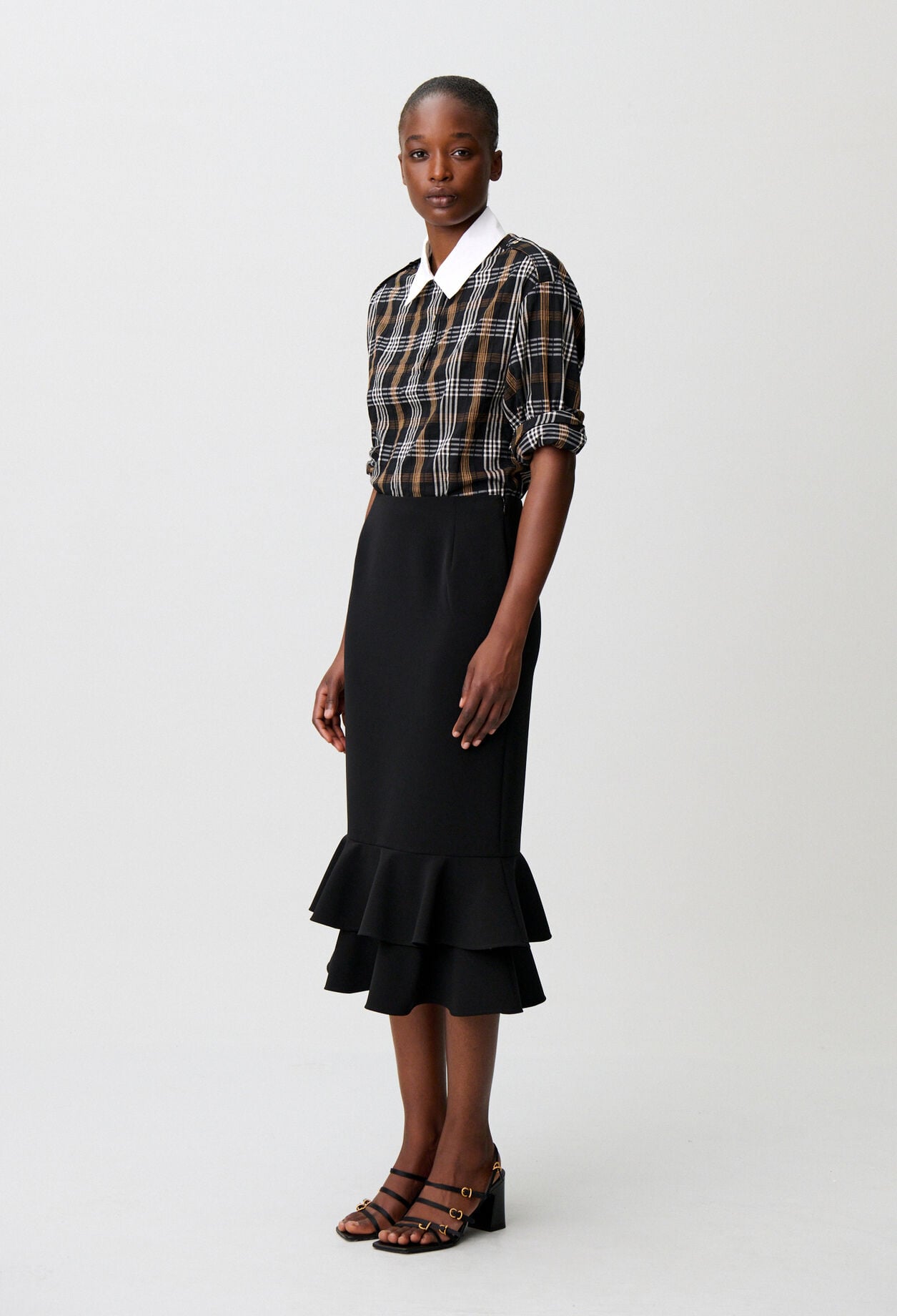 Flared ruffled midi skirt