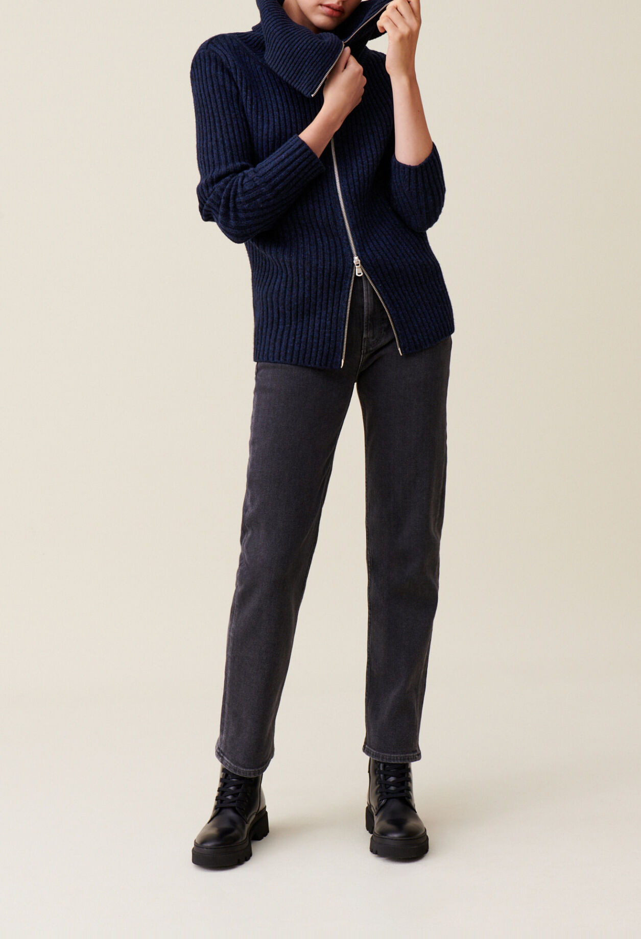 Zip-neck knitted jumper