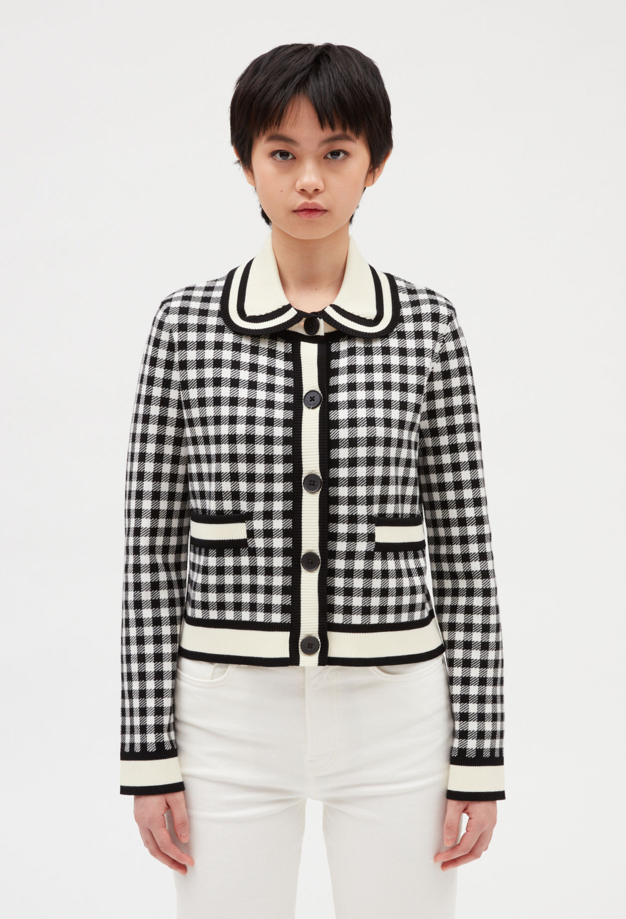 Black and white check cardigan hot sale