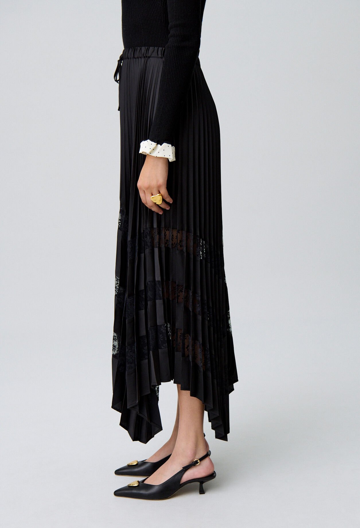 Pleated satin and lace skirt