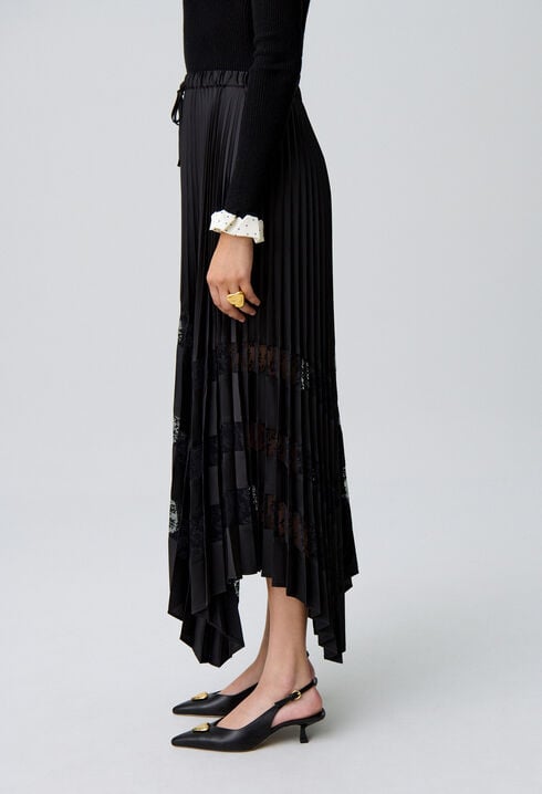 Pleated satin and lace skirt