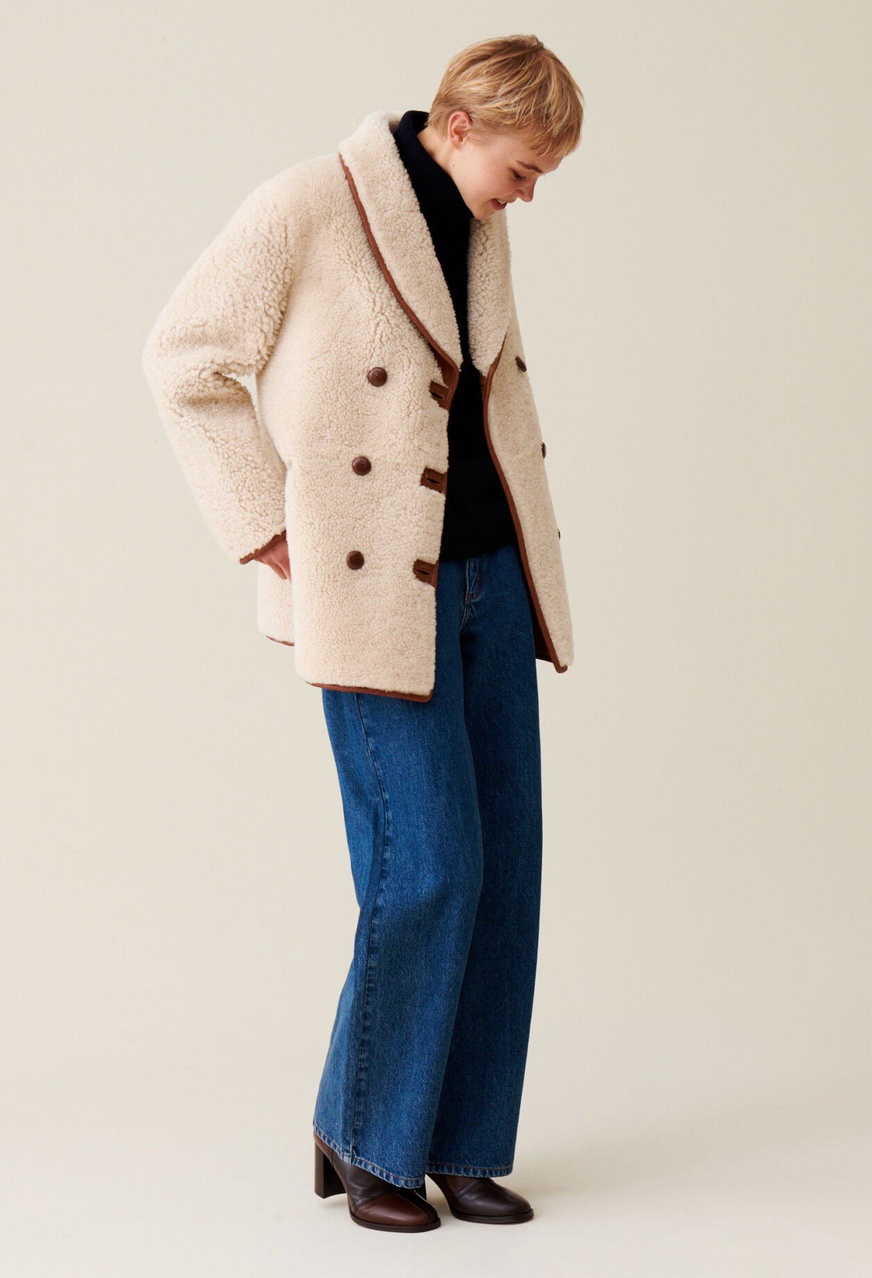 Reversible ecru wool coat