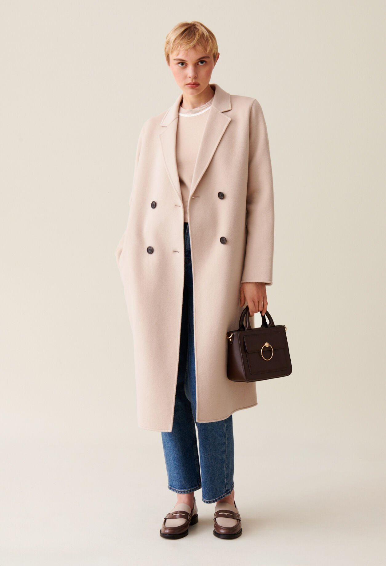 Mid length beige wool blend coat