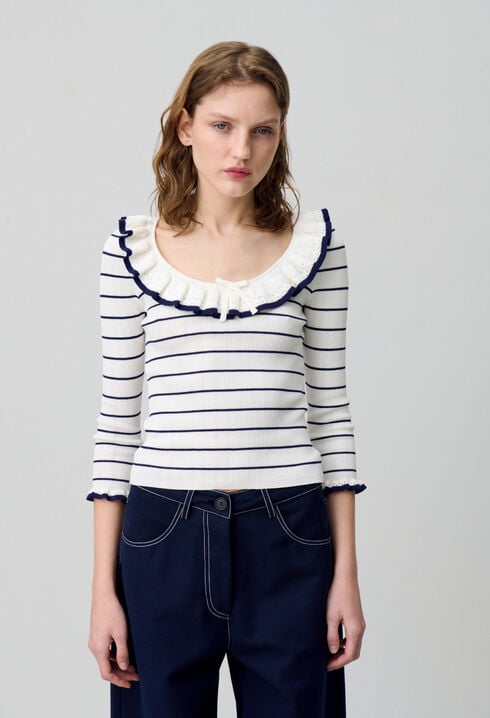 Striped frill knit top