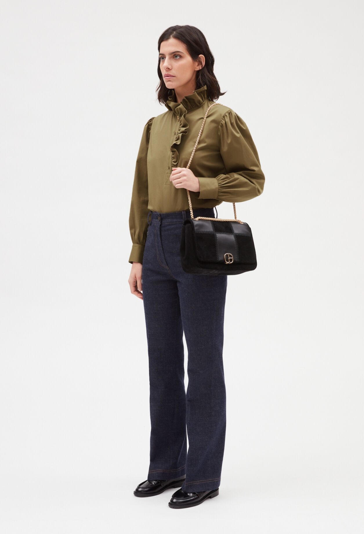 Khaki ruffle blouse