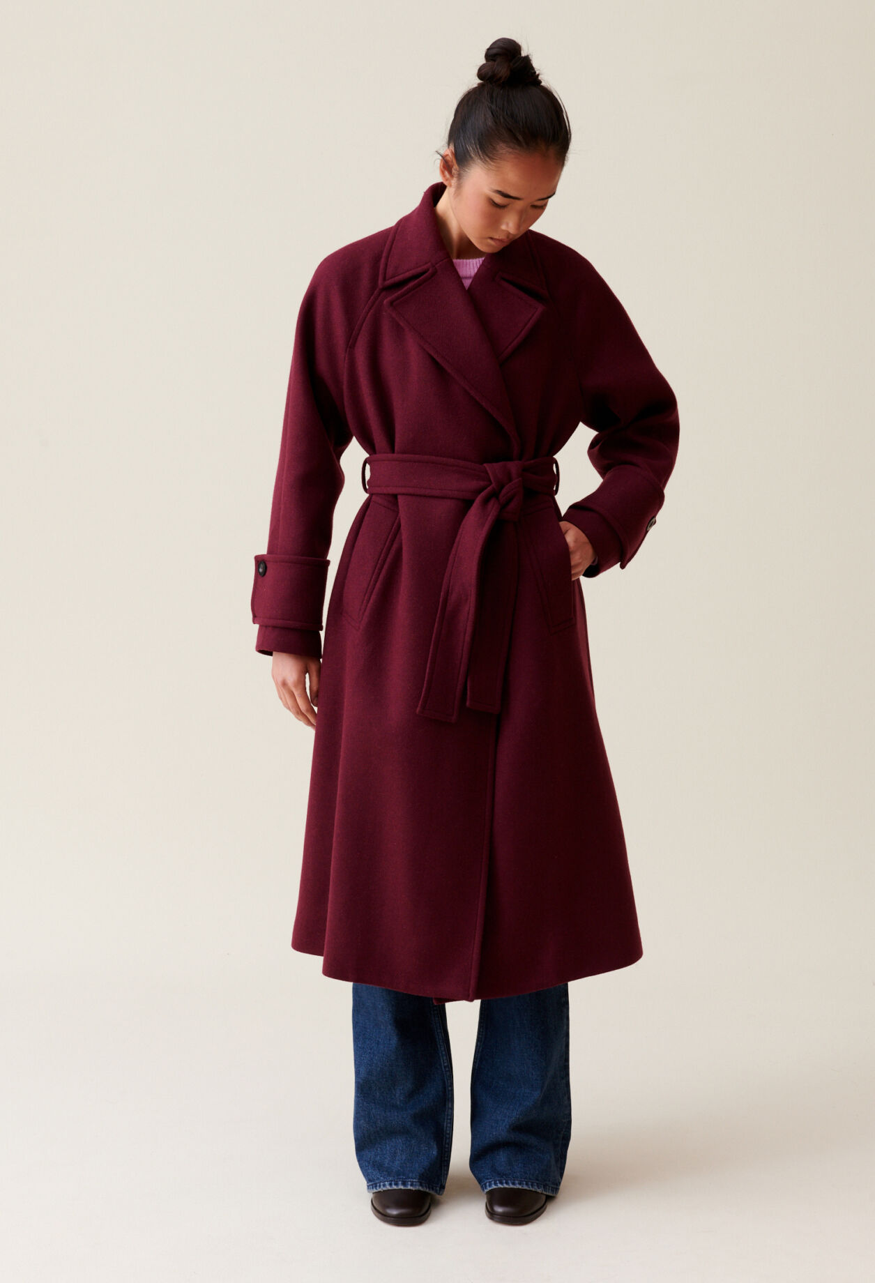 Long burgundy trench coat