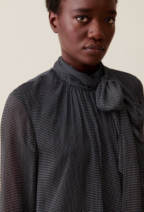 Fluid Check Tie-Neck Blouse