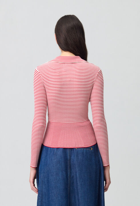 Striped frilled fine knit top