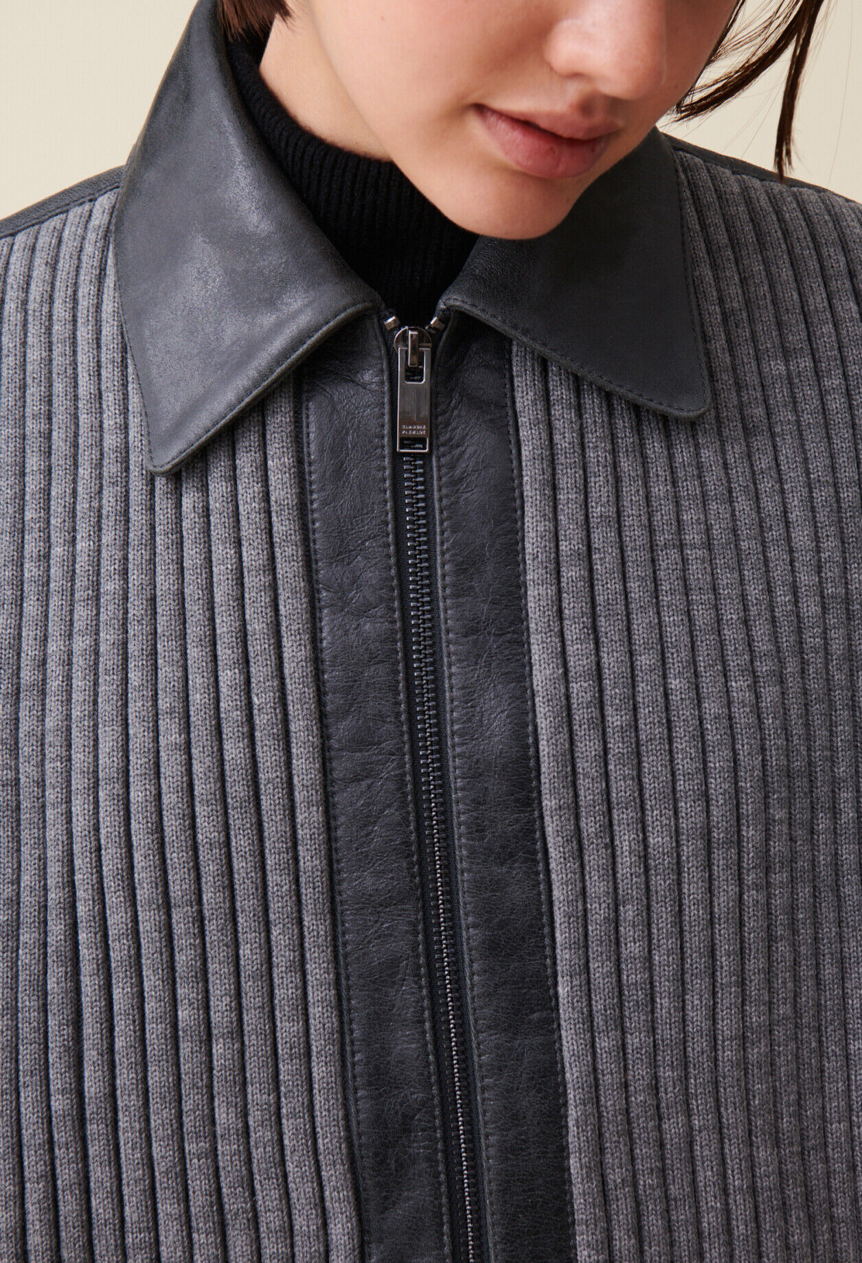 Grey mixed-material leather bomber
