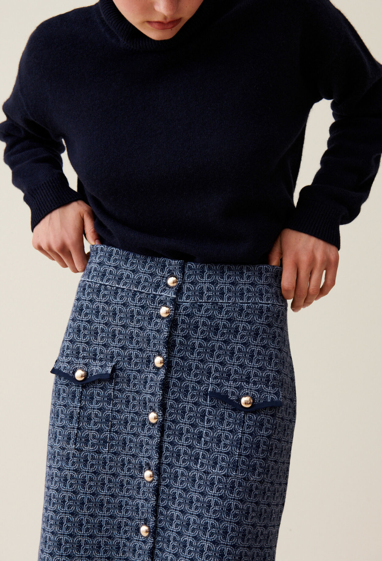 Navy high-waisted monogram skirt