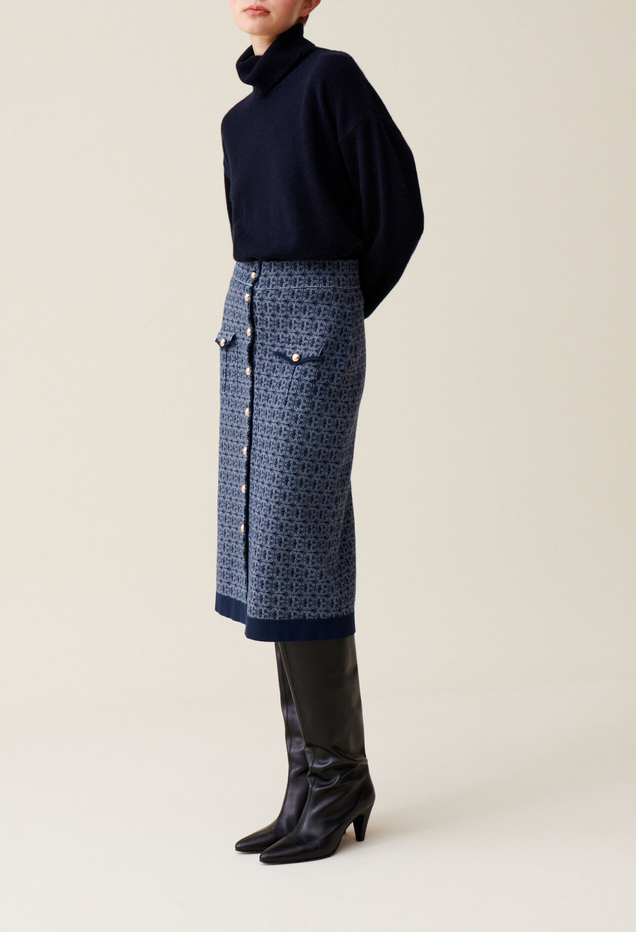 Navy high-waisted monogram skirt