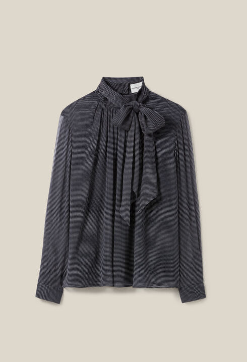 Fluid Check Tie-Neck Blouse