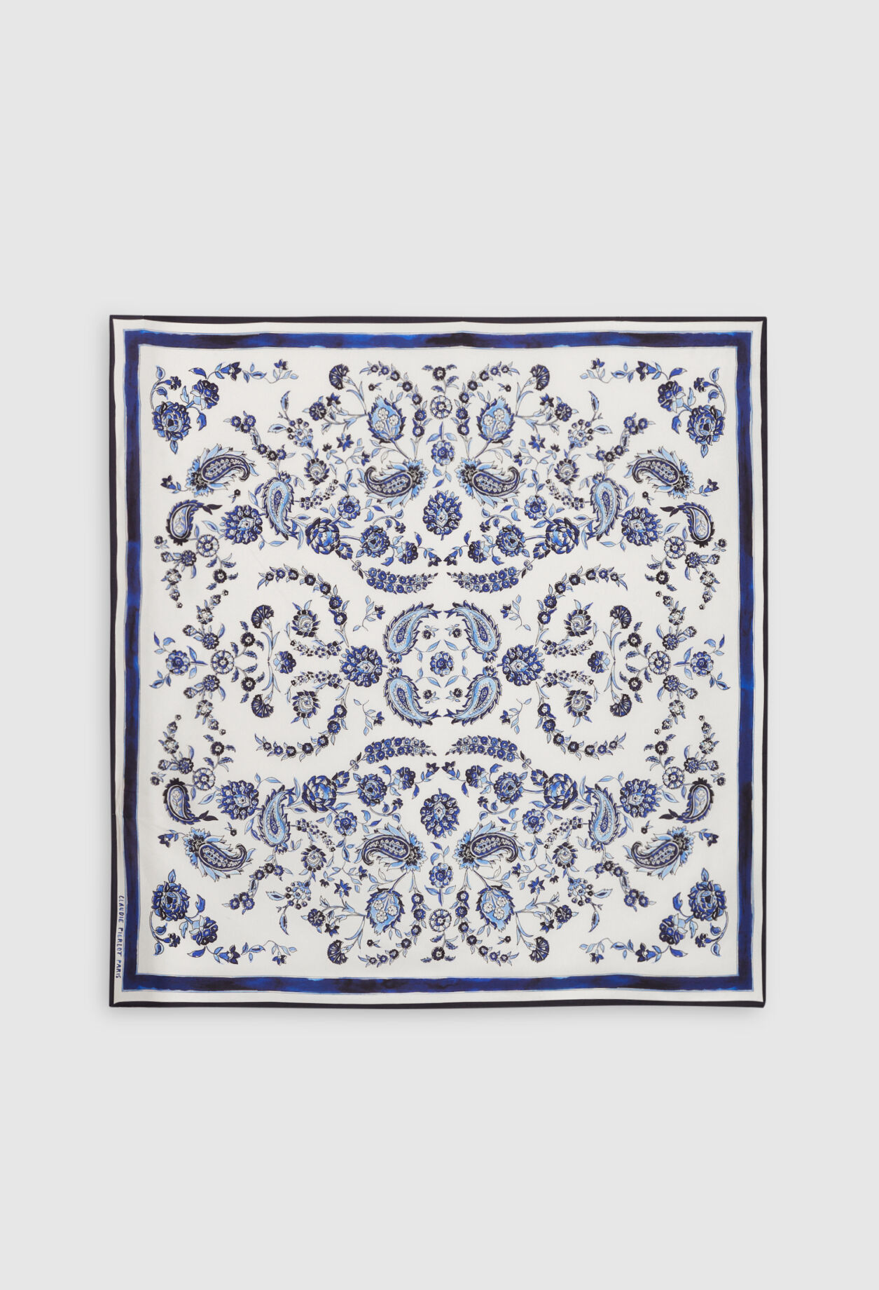 Foulard bleu nuit imprimé floral soie