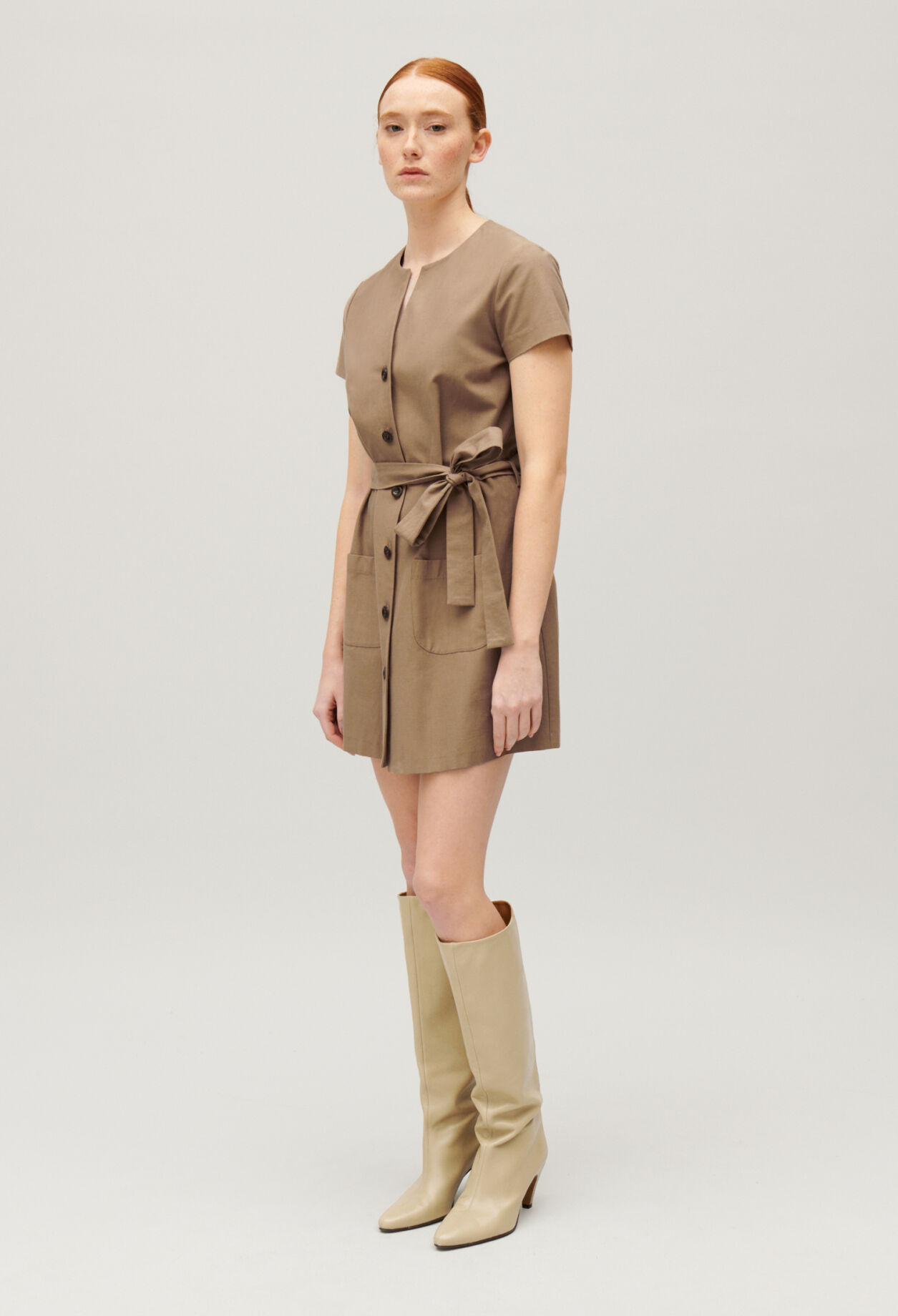 Short brown button-up dress