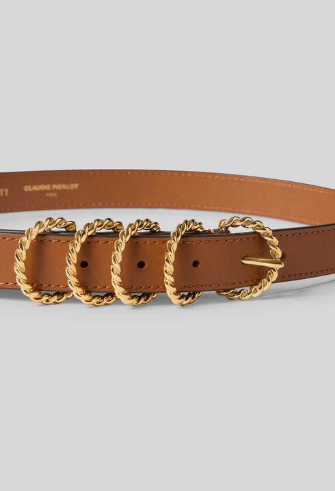 Leather belt with gold buckle