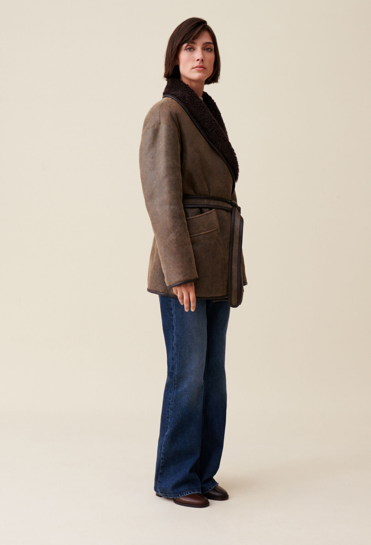 Taupe belted shearling jacket