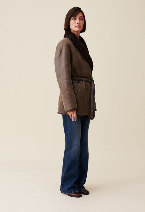 Taupe belted shearling jacket