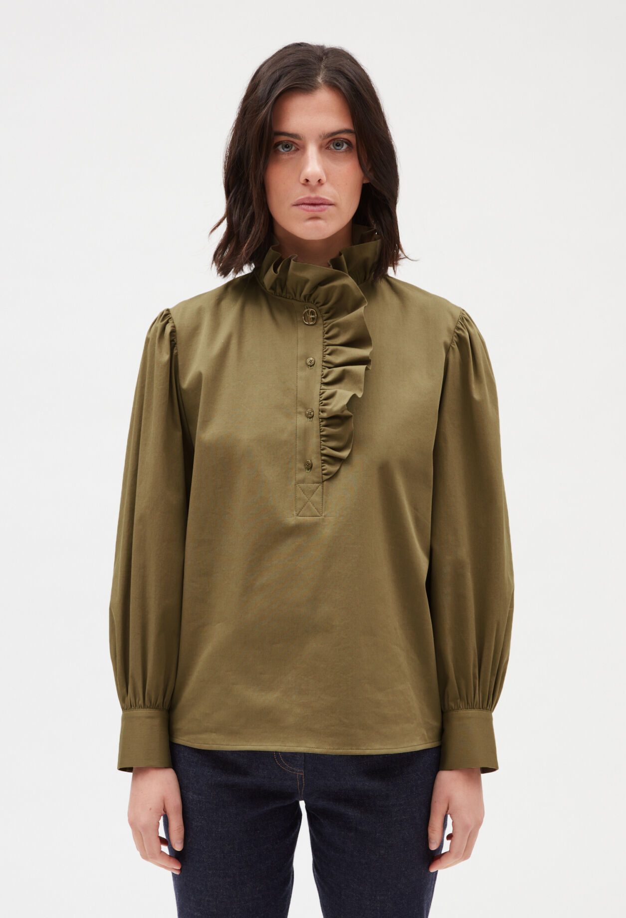 Khaki ruffle blouse