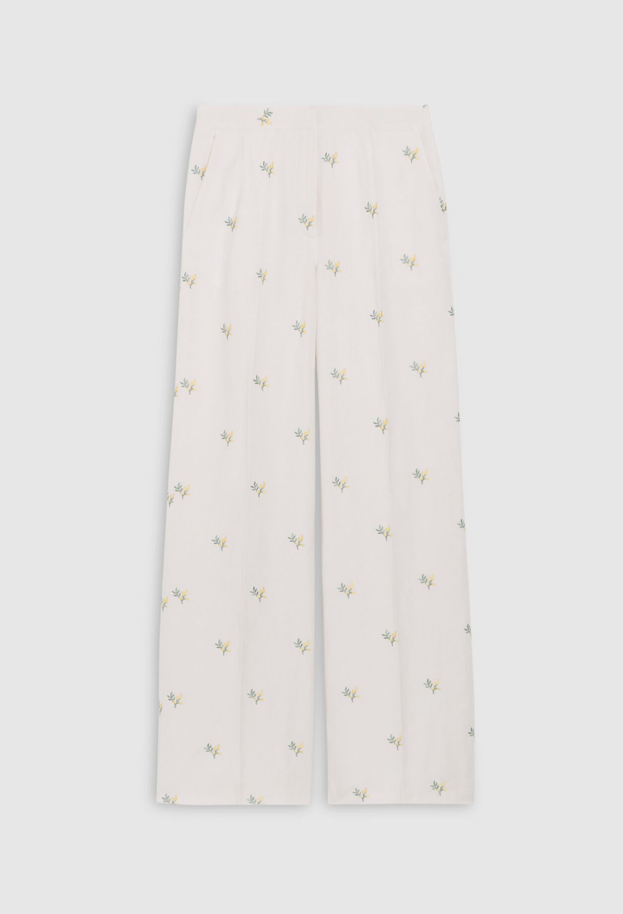Trousers with embroidered mimosa pattern