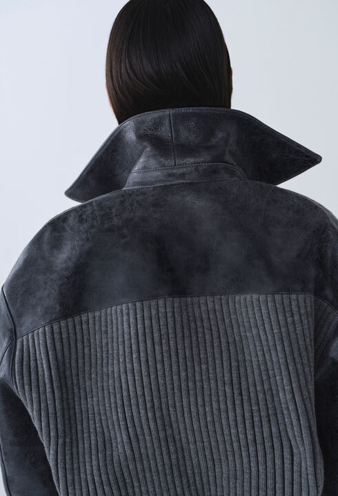 Grey mixed-material leather bomber