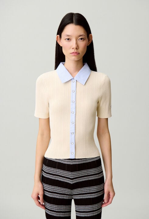 Striped bi-material cardigan