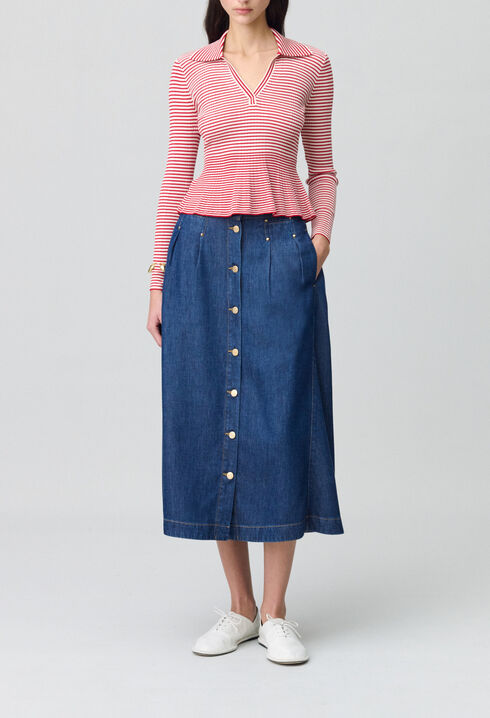 Striped frilled fine knit top