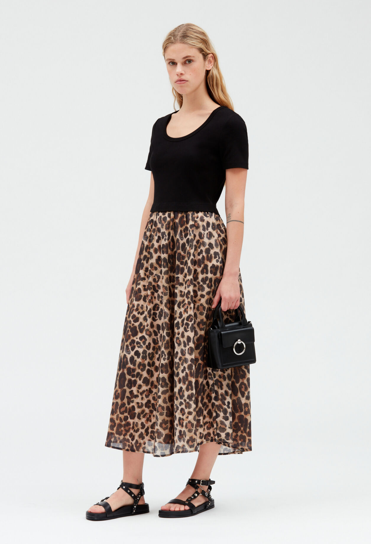 Bi-material leopard midi-dress