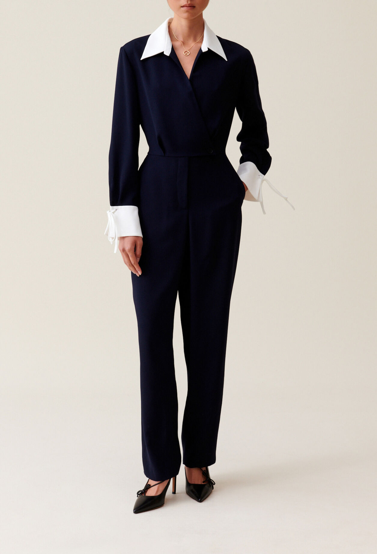 Navy dual-fabric jumpsuit