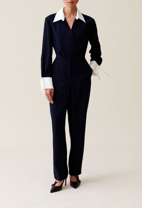 Navy dual-fabric jumpsuit