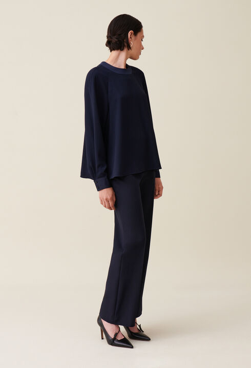 Navy belted flowy blouse