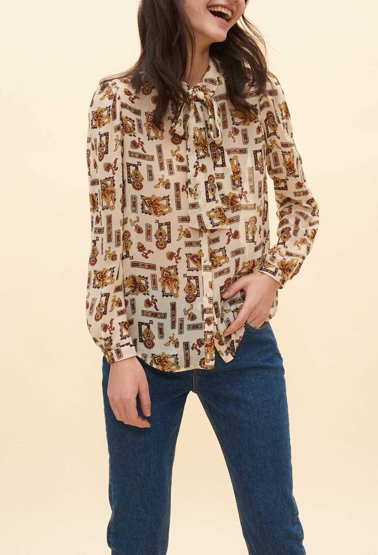 Patterned pussy bow blouse