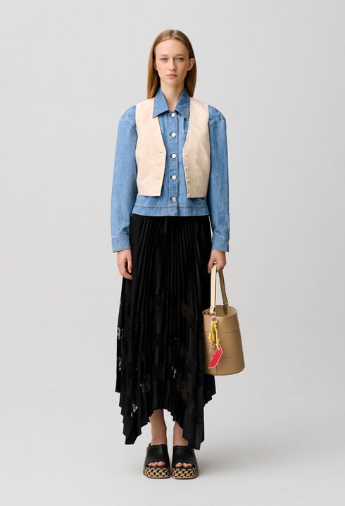 Pleated satin and lace skirt