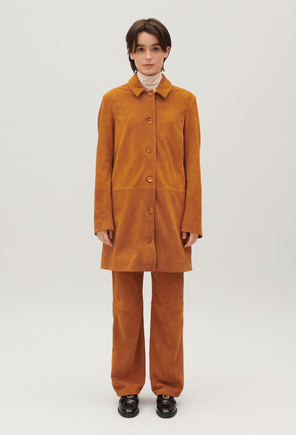 Dark beige straight suede leather coat