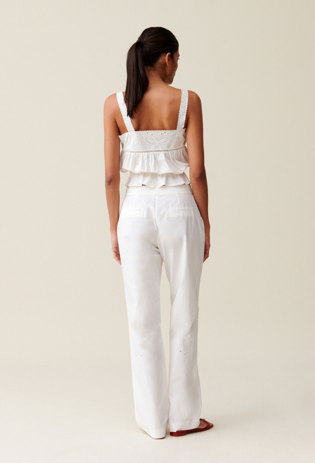 Ecru Straight-Leg Trousers Embroidery