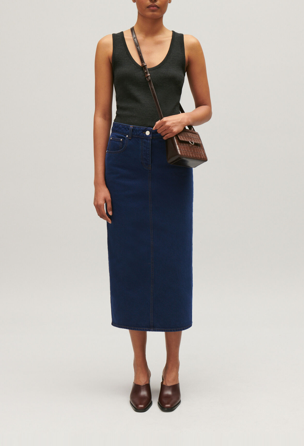 Blue denim midi skirt