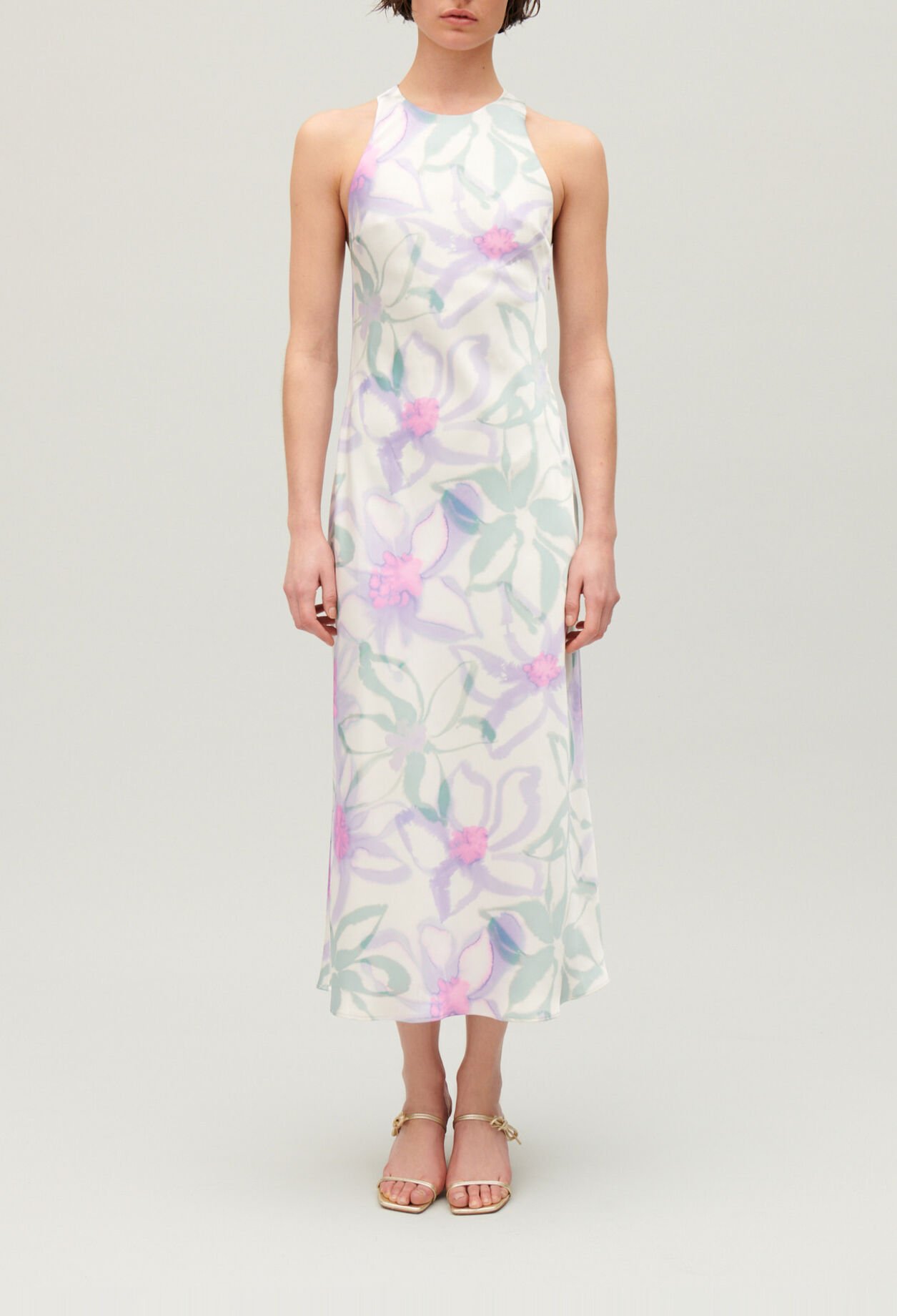 Long printed satin-effect dress