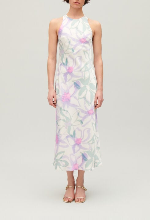 Long printed satin-effect dress