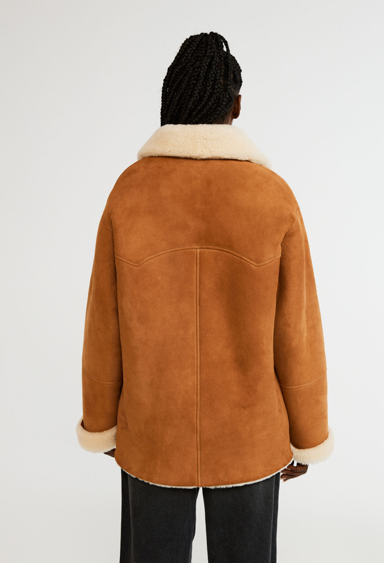 Reversible camel shearling coat
