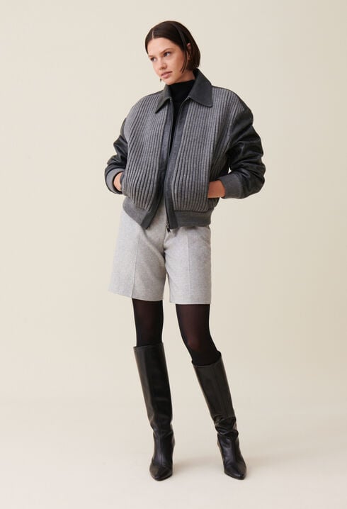 Grey mixed-material leather bomber