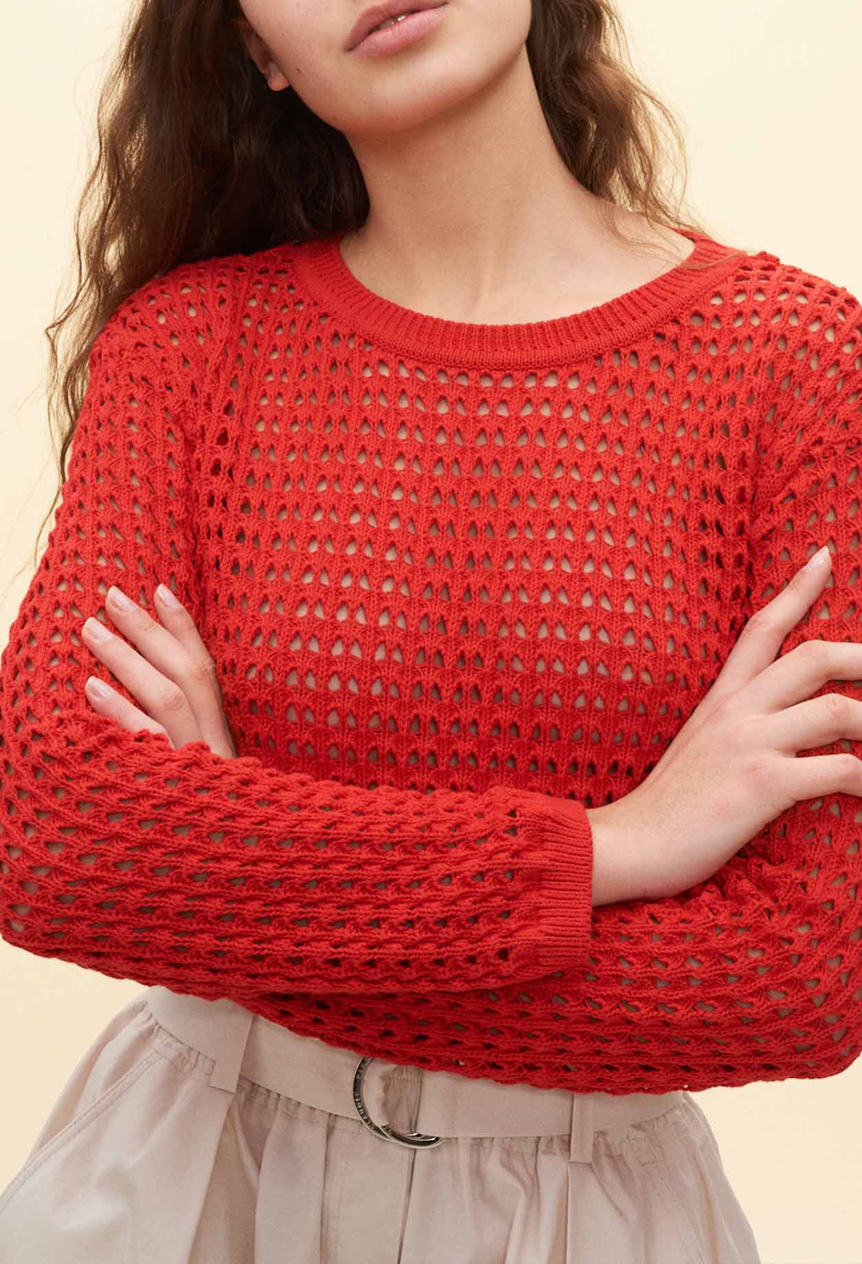Red openwork sweater